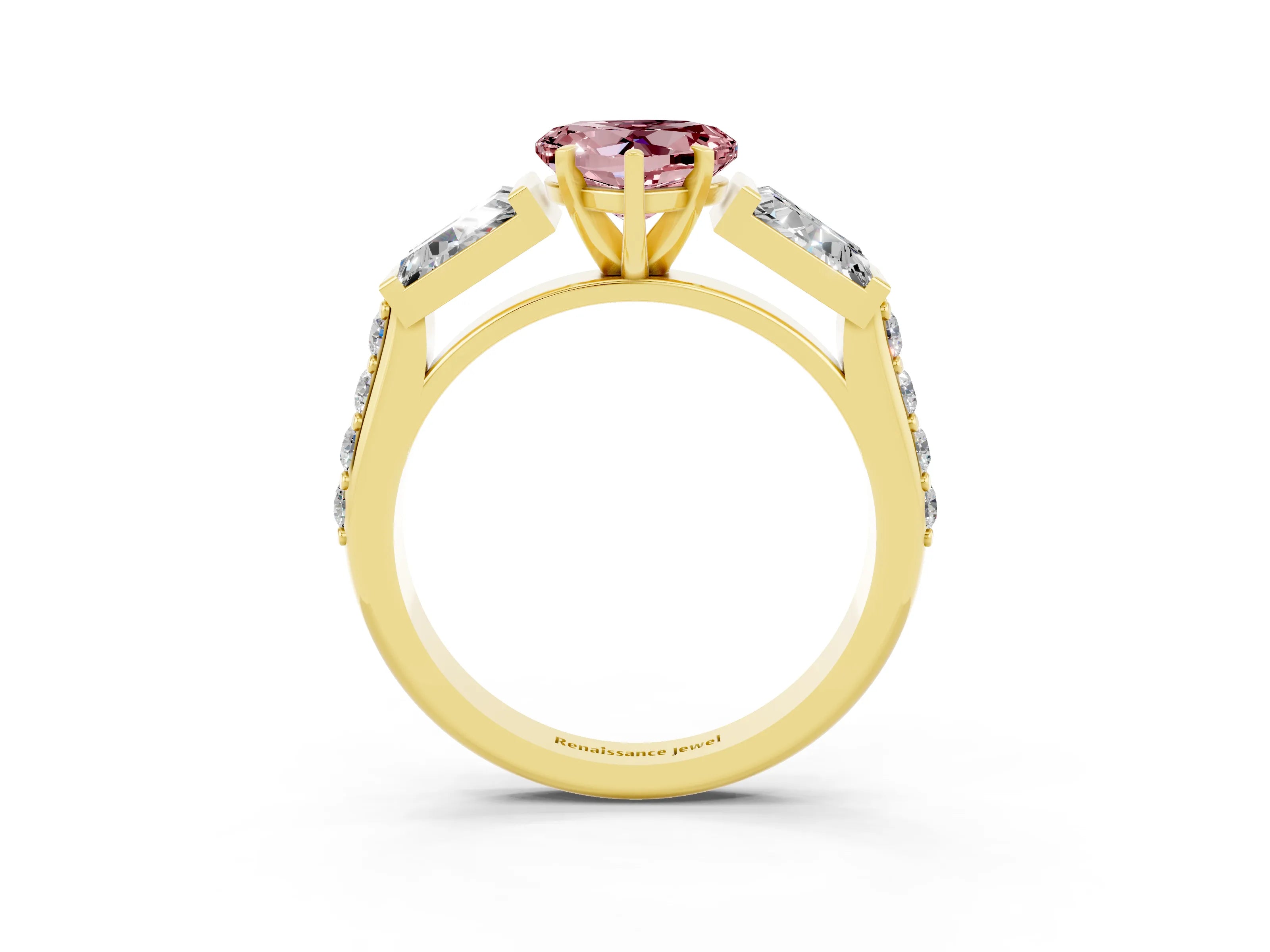 Yellow gold Heart Cut Morganite Engagement Ring with Baguette Side Stones and Channel Set Band_3