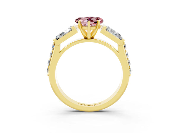 Yellow gold Heart Cut Morganite Engagement Ring with Baguette Side Stones and Channel Set Band