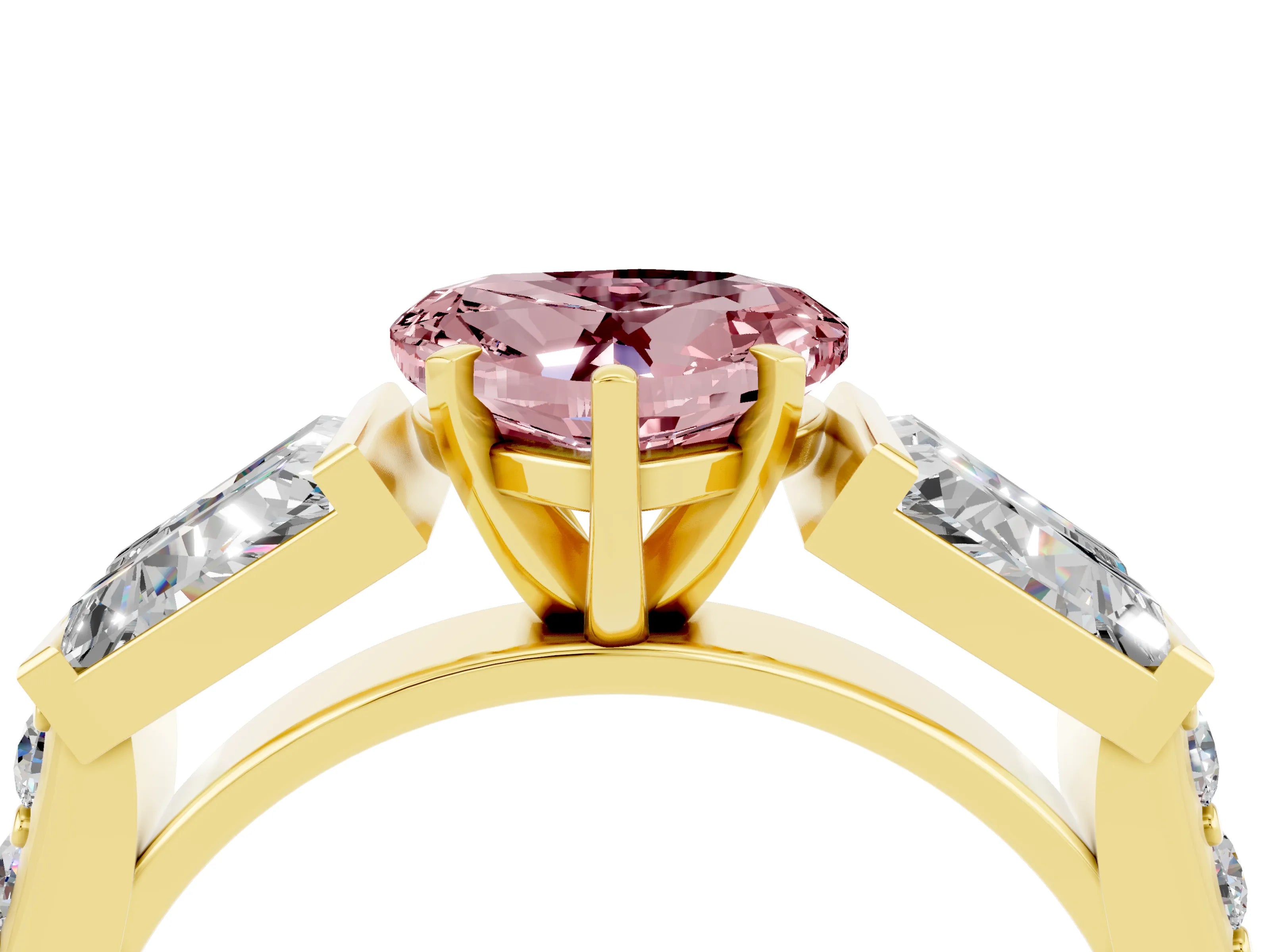 Yellow gold Heart Cut Morganite Engagement Ring with Baguette Side Stones and Channel Set Band_4
