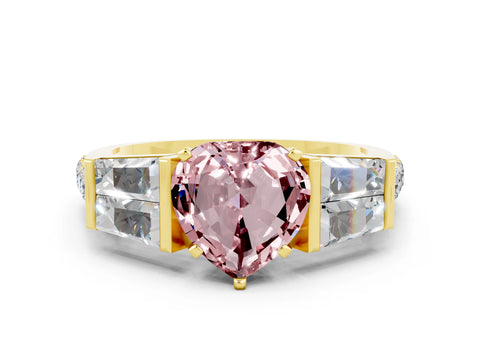 Yellow gold Heart Cut Morganite Engagement Ring with Baguette Side Stones and Channel Set Band
