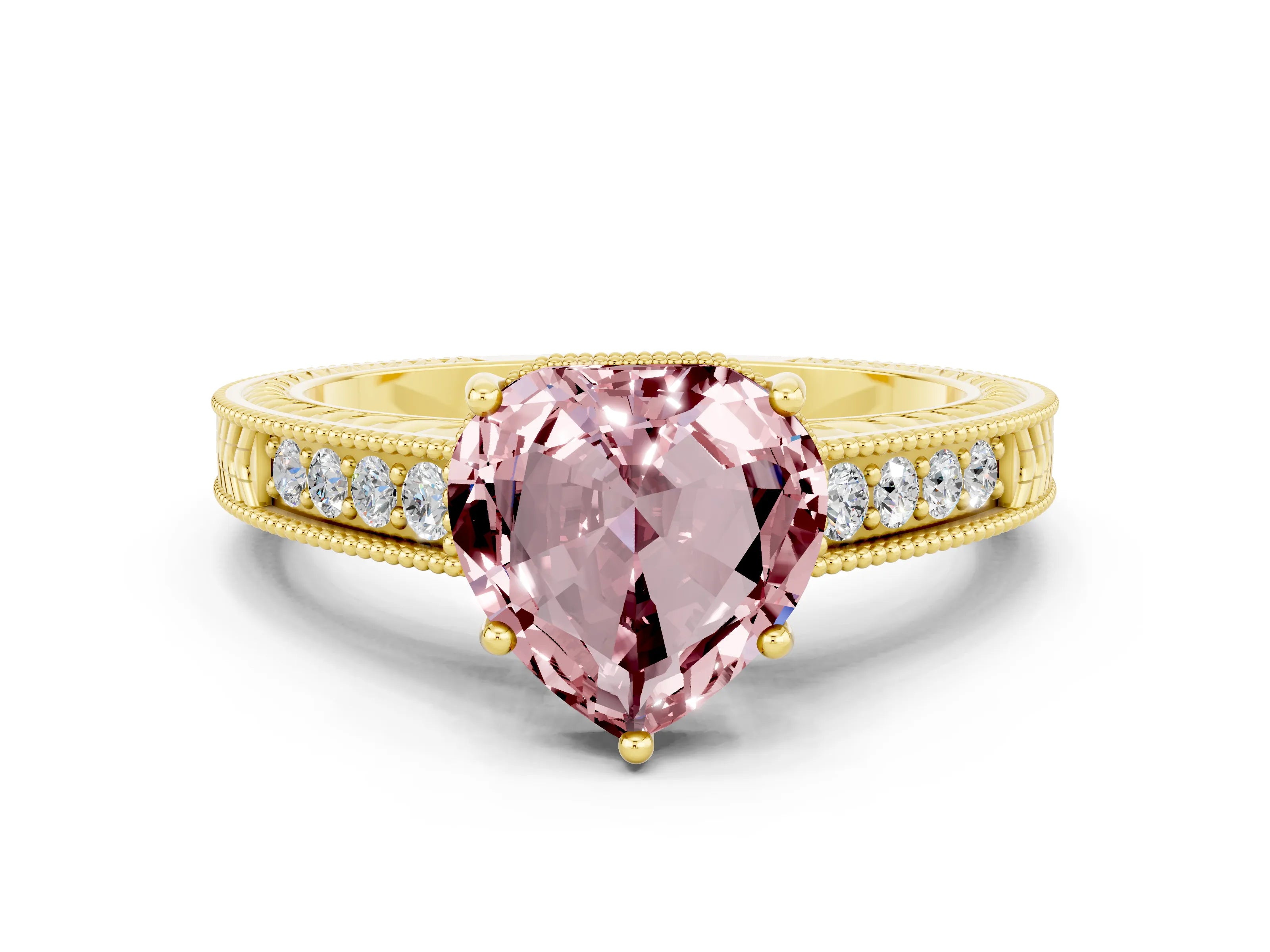 Yellow gold Heart Cut Morganite Engagement Ring with Milgrain Channel Set Band and Prong Setting