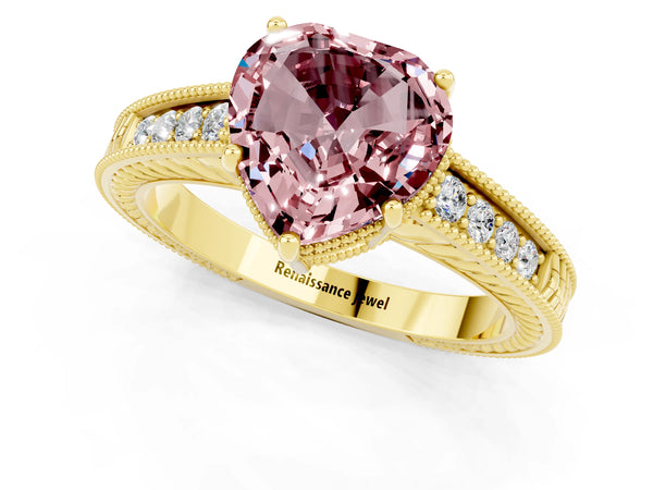 Yellow gold Heart Cut Morganite Engagement Ring with Milgrain Channel Set Band and Prong Setting