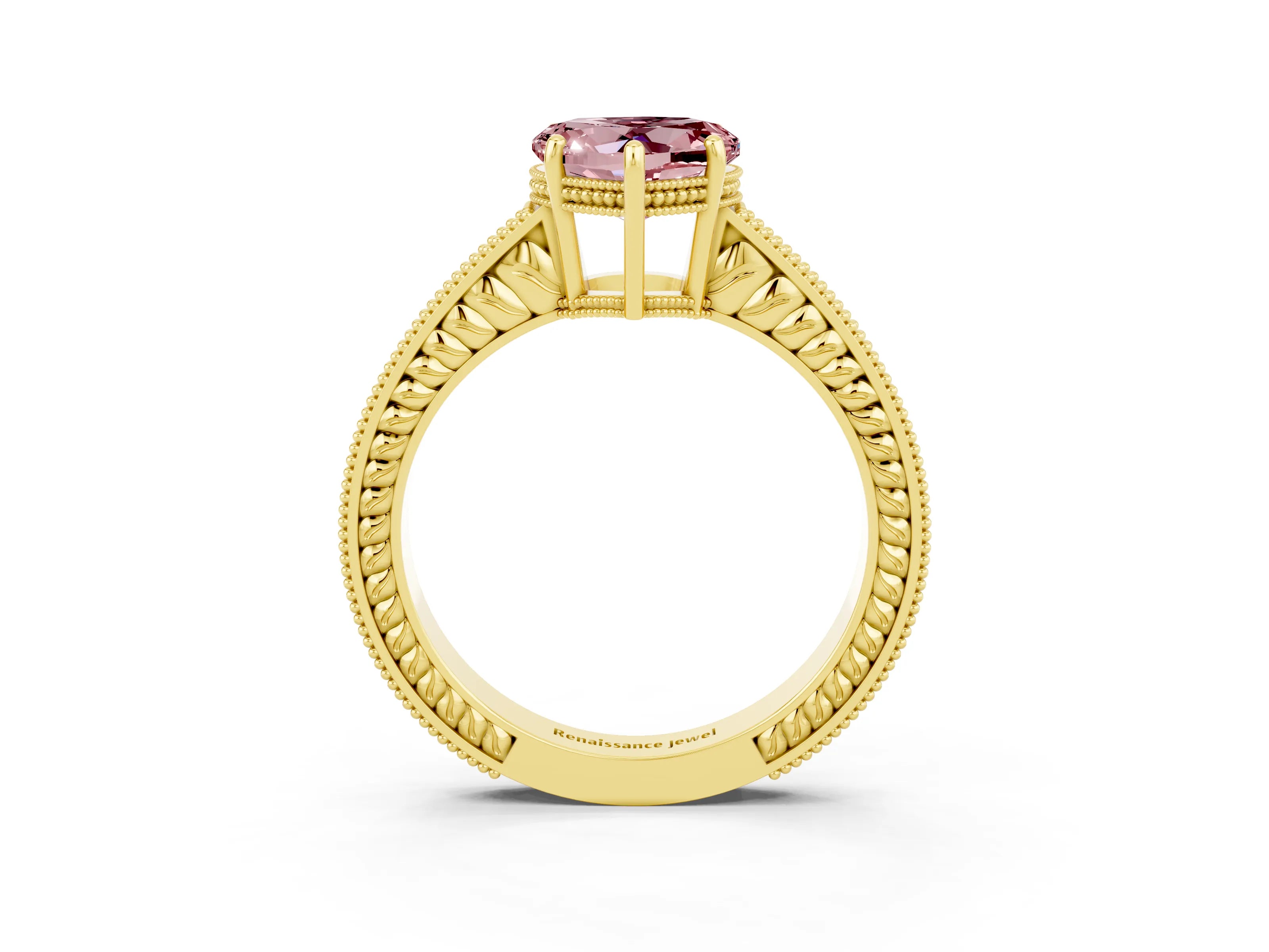 Yellow gold Heart Cut Morganite Engagement Ring with Milgrain Channel Set Band and Prong Setting_3