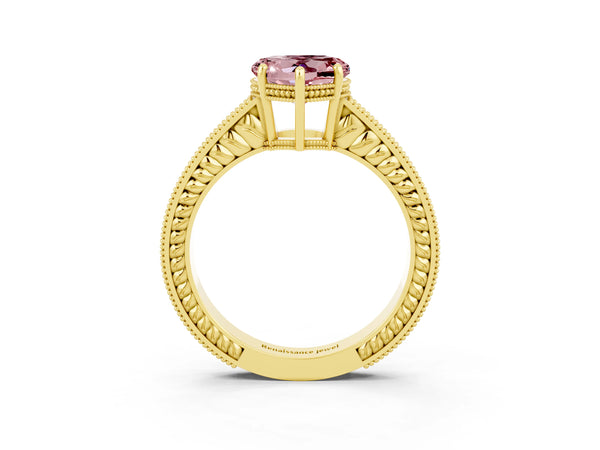 Yellow gold Heart Cut Morganite Engagement Ring with Milgrain Channel Set Band and Prong Setting