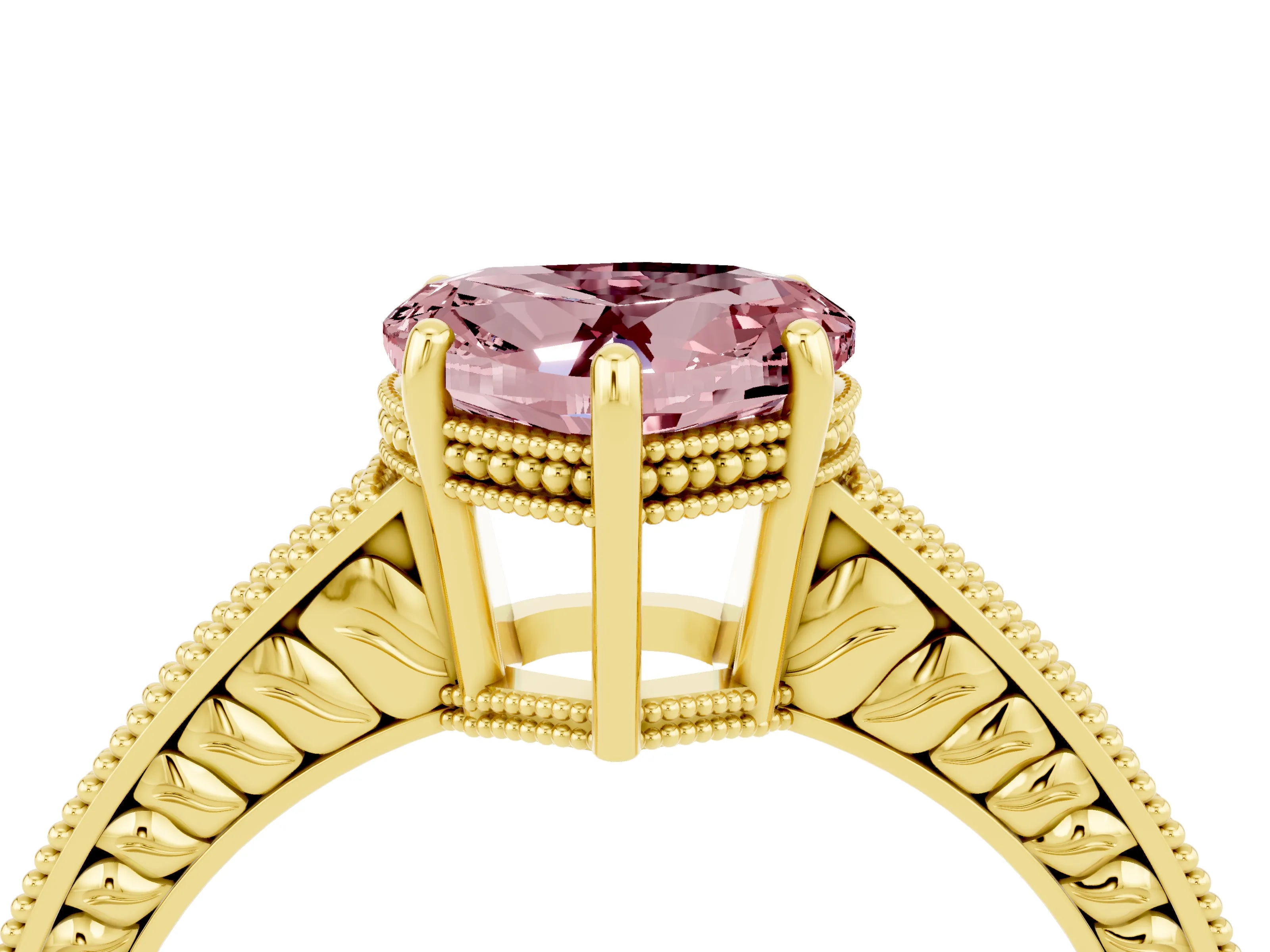 Yellow gold Heart Cut Morganite Engagement Ring with Milgrain Channel Set Band and Prong Setting_4
