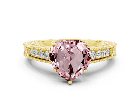 Yellow gold Heart Cut Morganite Engagement Ring with Milgrain Channel Set Band and Prong Setting