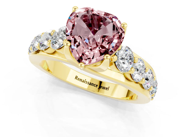 Yellow gold Heart Cut Morganite Engagement Ring with Pavé Band and Four-Prong Setting