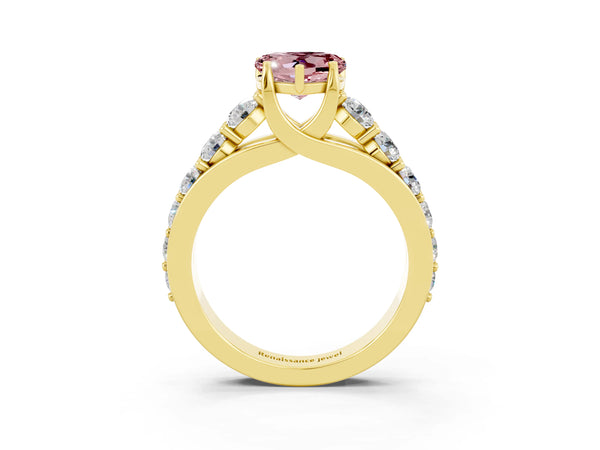 Yellow gold Heart Cut Morganite Engagement Ring with Pavé Band and Four-Prong Setting
