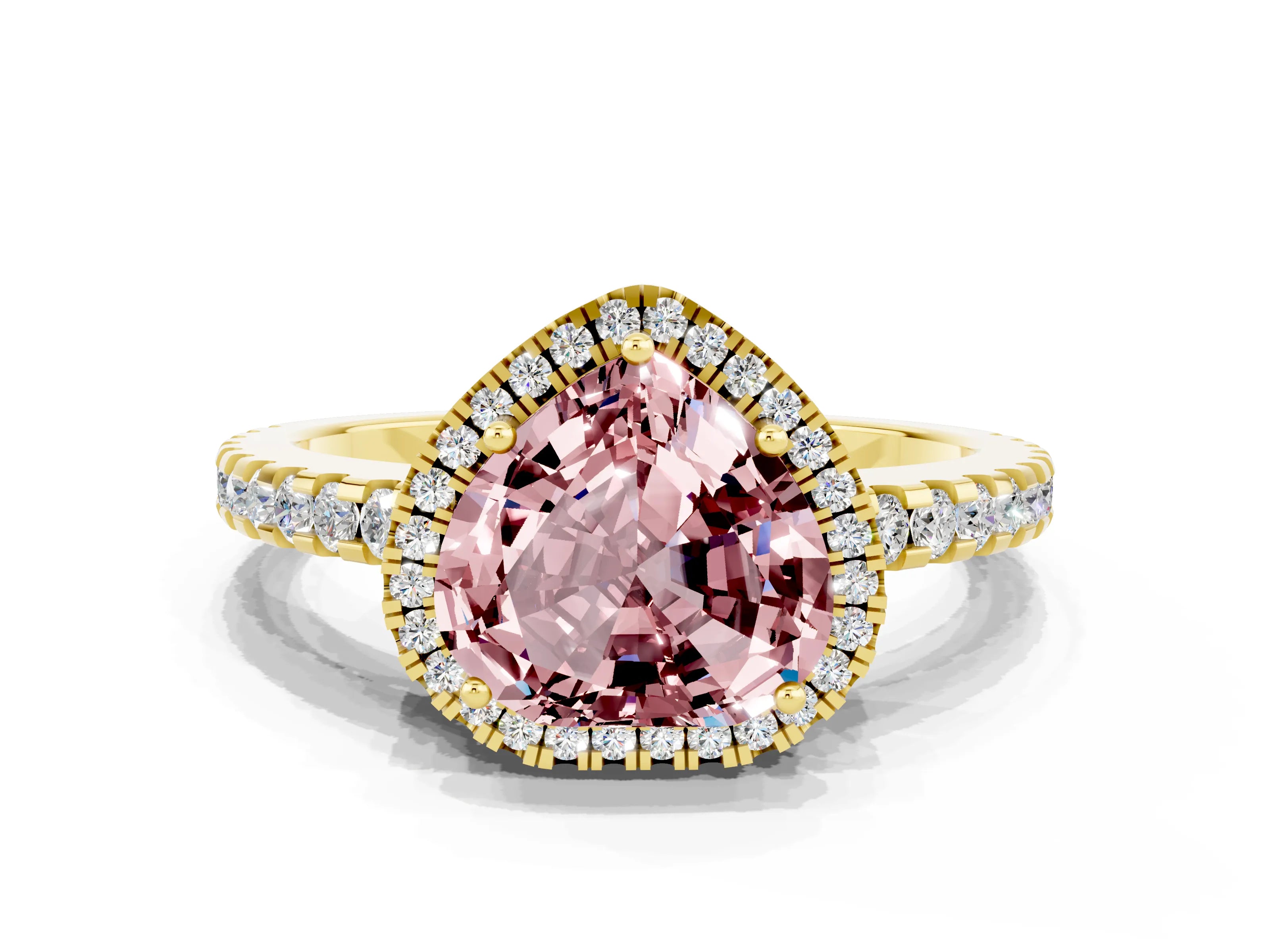Yellow gold Heart Cut Morganite Halo Engagement Ring with Pavé Band and Prong Setting_12