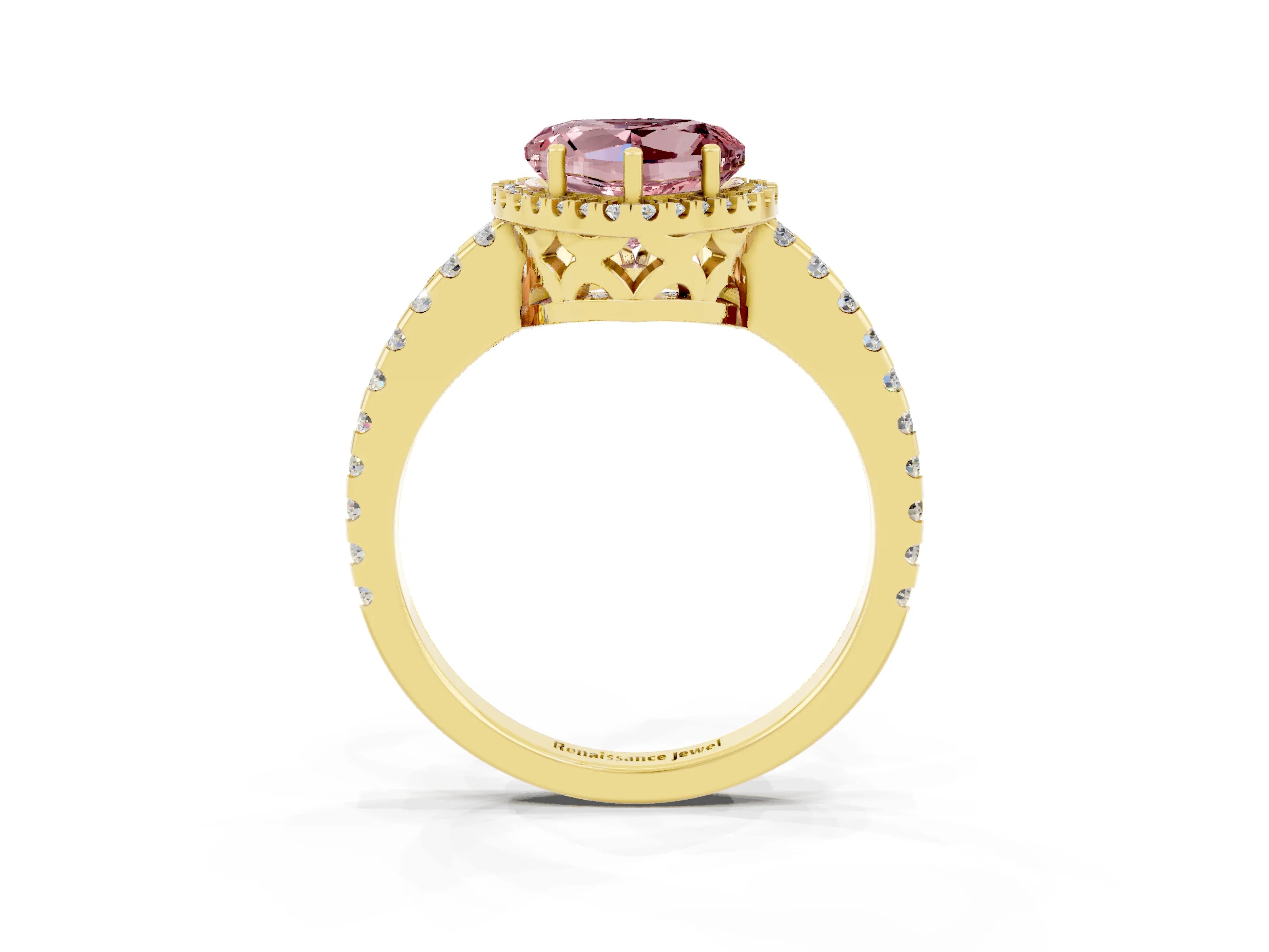Yellow gold Heart Cut Morganite Halo Engagement Ring with Pavé Band and Prong Setting_15