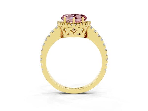Yellow gold Heart Cut Morganite Halo Engagement Ring with Pavé Band and Prong Setting