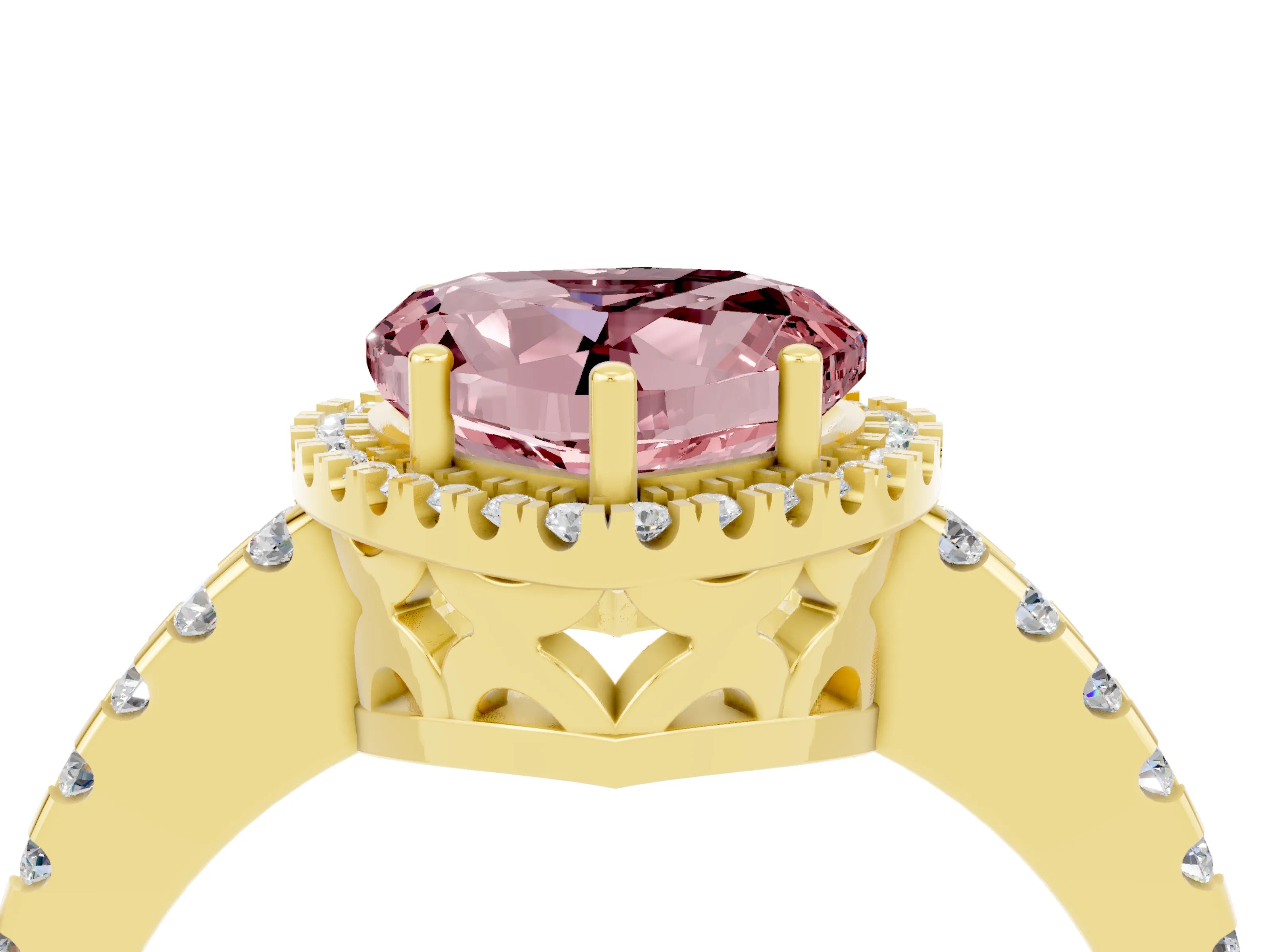 Yellow gold Heart Cut Morganite Halo Engagement Ring with Pavé Band and Prong Setting_16