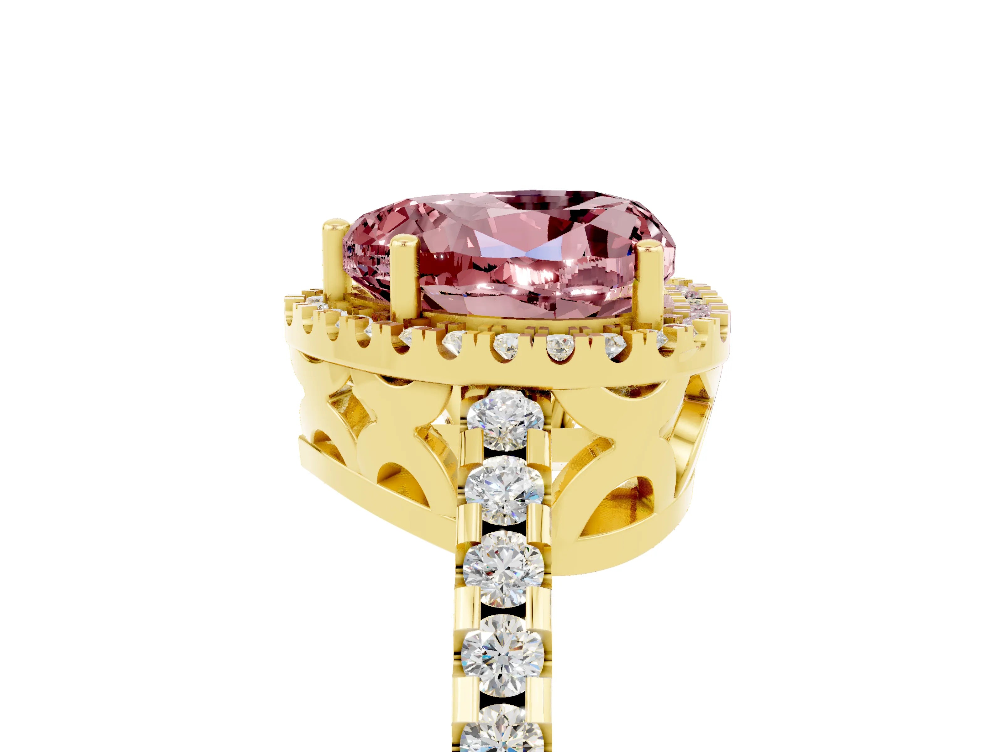 Yellow gold Heart Cut Morganite Halo Engagement Ring with Pavé Band and Prong Setting_17