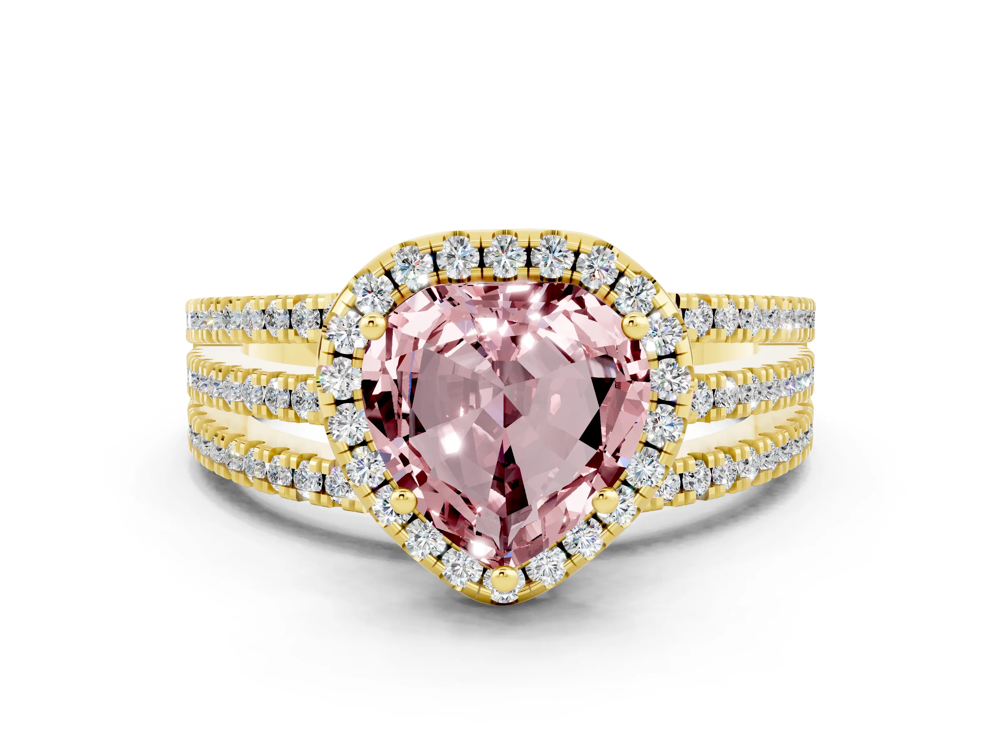 Yellow gold Heart Cut Morganite Halo Engagement Ring with Split Shank and Four-Prong Setting