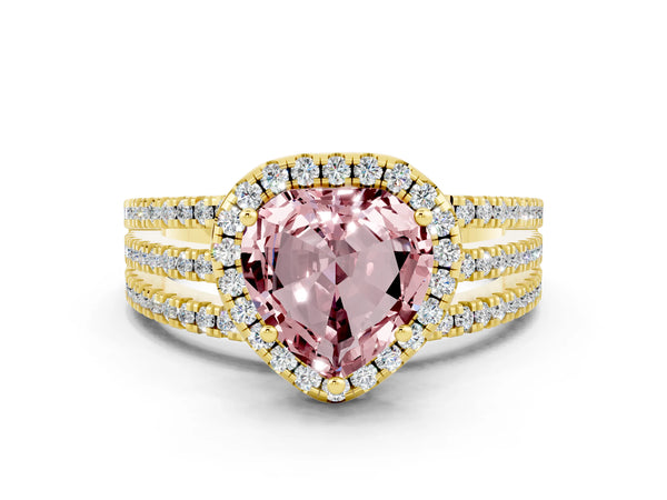 Yellow gold Heart Cut Morganite Halo Engagement Ring with Split Shank and Four-Prong Setting
