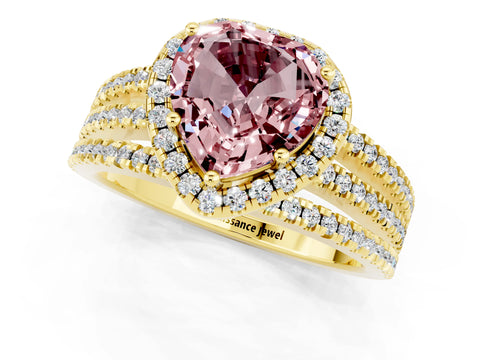 Yellow gold Heart Cut Morganite Halo Engagement Ring with Split Shank and Four-Prong Setting_1