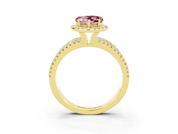 Yellow gold Heart Cut Morganite Halo Engagement Ring with Split Shank and Four-Prong Setting