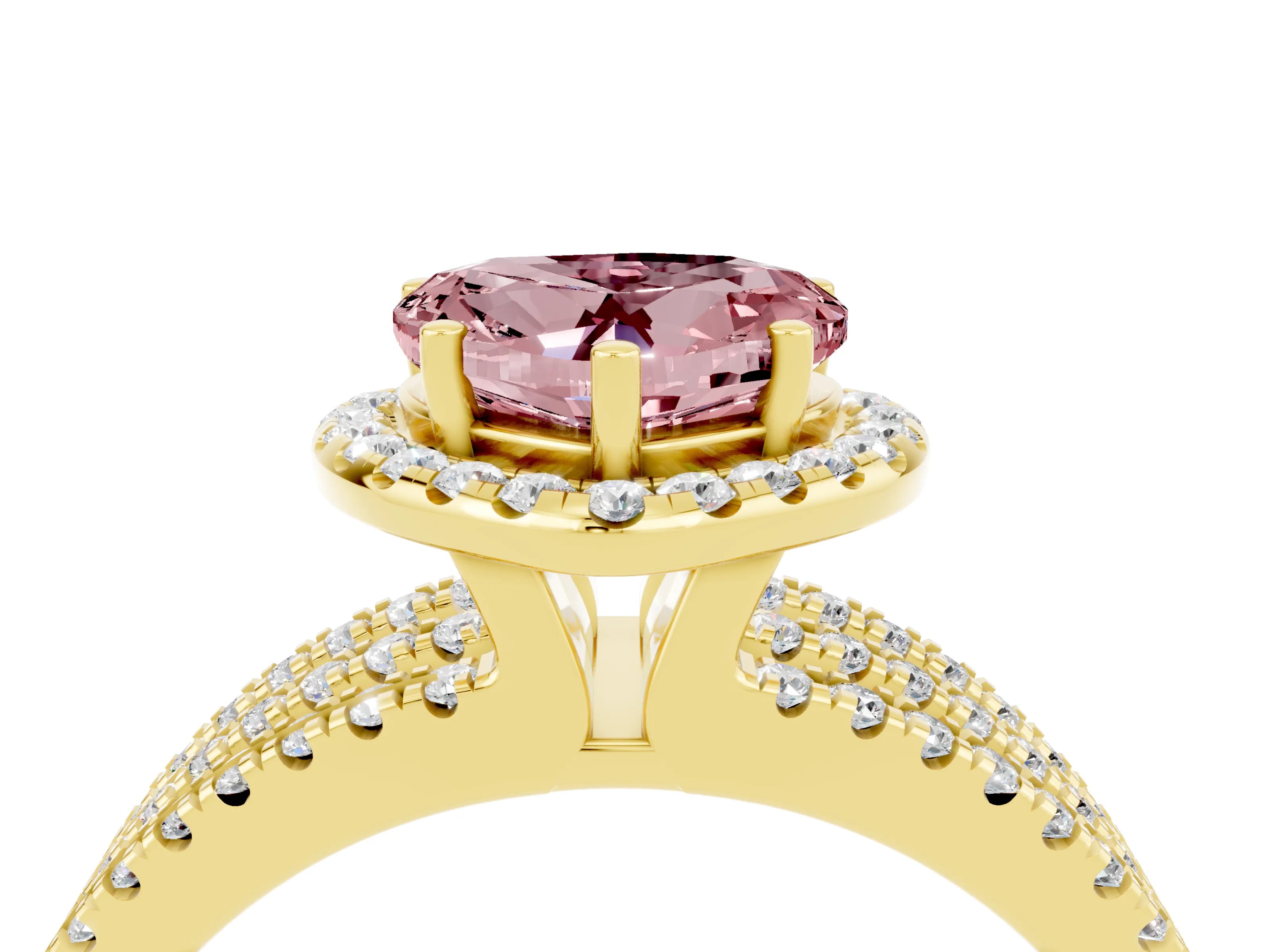 Yellow gold Heart Cut Morganite Halo Engagement Ring with Split Shank and Four-Prong Setting_4