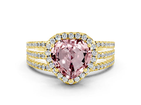 Yellow gold Heart Cut Morganite Halo Engagement Ring with Split Shank and Four-Prong Setting