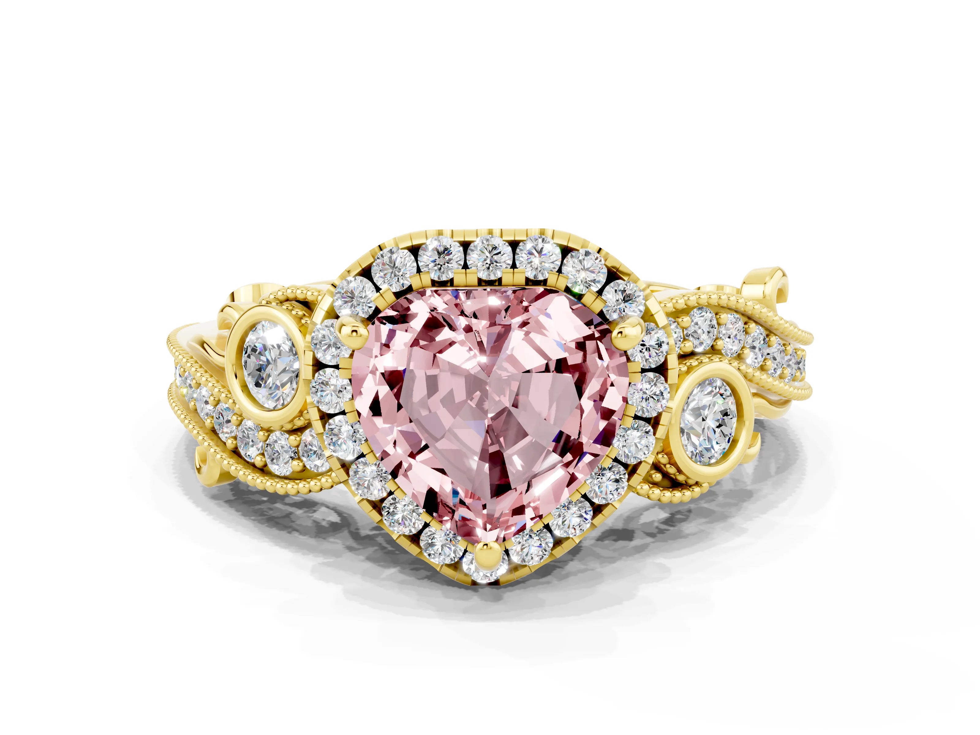 Yellow gold Heart Cut Morganite Halo Ring with Milgrain Pavé Band and Four-Prong Setting_12
