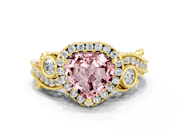 Yellow gold Heart Cut Morganite Halo Ring with Milgrain Pavé Band and Four-Prong Setting