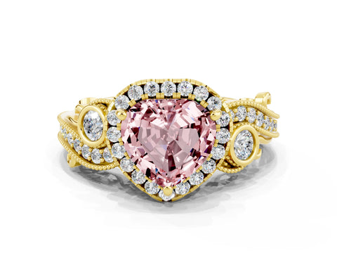 Yellow gold Heart Cut Morganite Halo Ring with Milgrain Pavé Band and Four-Prong Setting_12