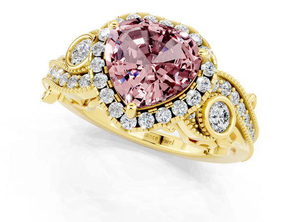 Yellow gold Heart Cut Morganite Halo Ring with Milgrain Pavé Band and Four-Prong Setting