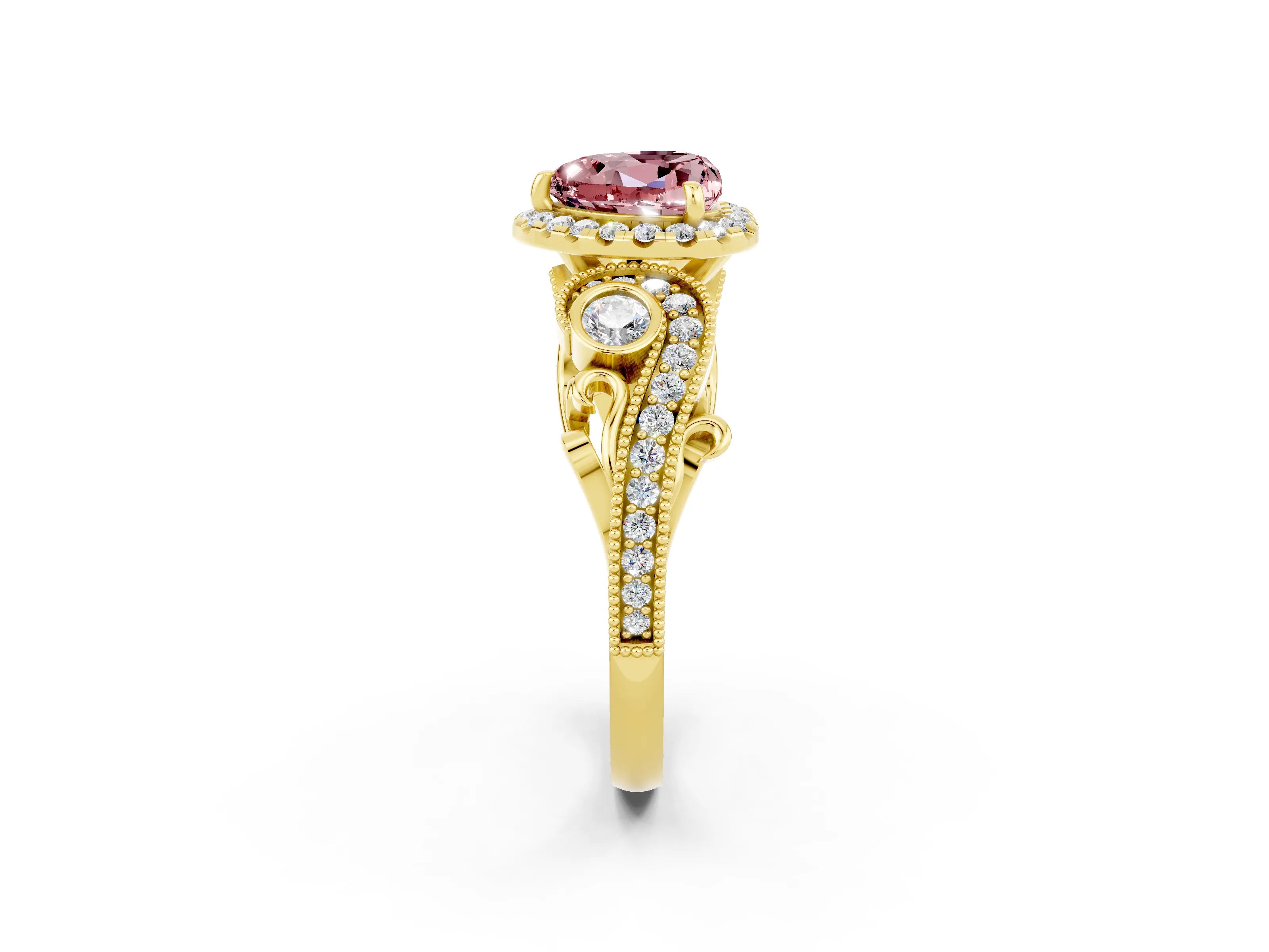 Yellow gold Heart Cut Morganite Halo Ring with Milgrain Pavé Band and Four-Prong Setting_14