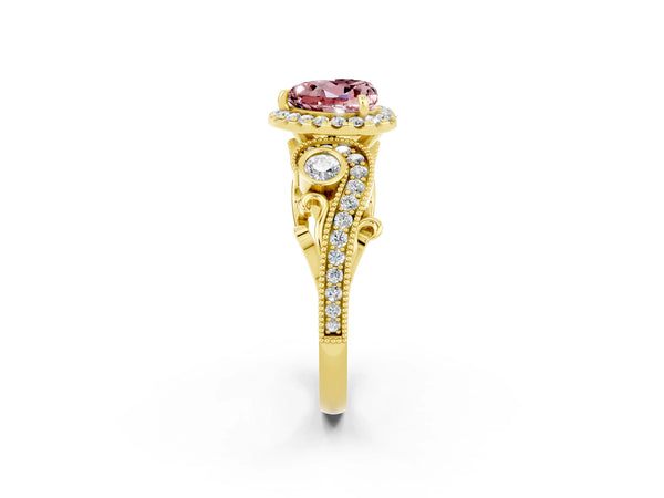 Yellow gold Heart Cut Morganite Halo Ring with Milgrain Pavé Band and Four-Prong Setting