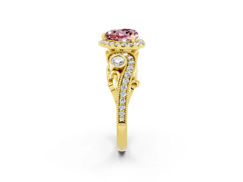 Yellow gold Heart Cut Morganite Halo Ring with Milgrain Pavé Band and Four-Prong Setting_14