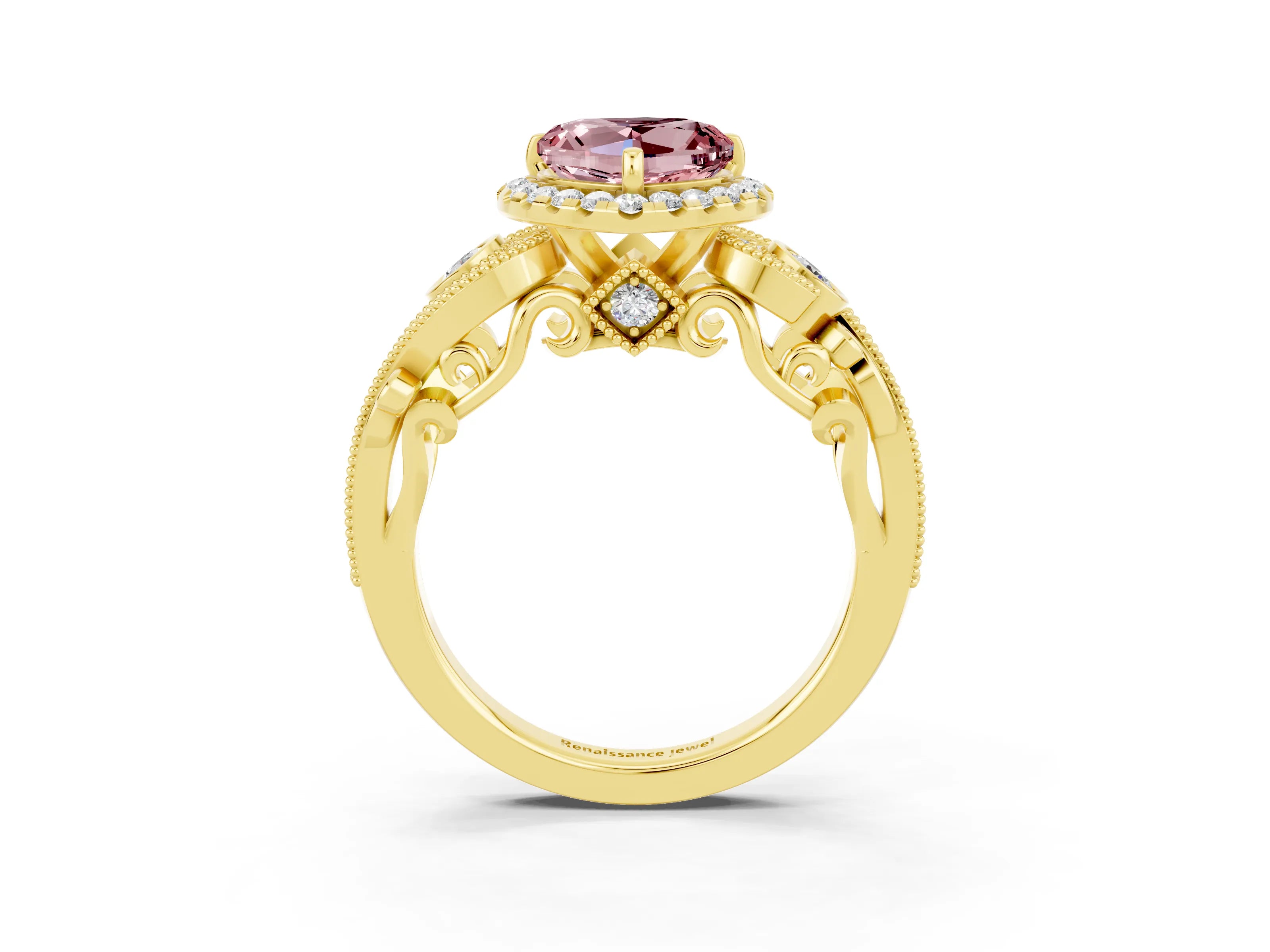 Yellow gold Heart Cut Morganite Halo Ring with Milgrain Pavé Band and Four-Prong Setting_15