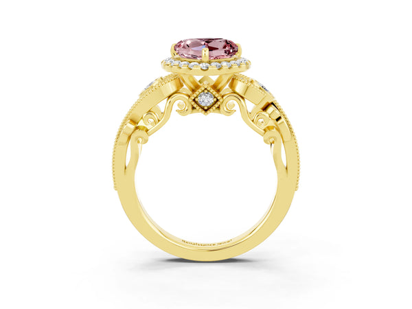 Yellow gold Heart Cut Morganite Halo Ring with Milgrain Pavé Band and Four-Prong Setting