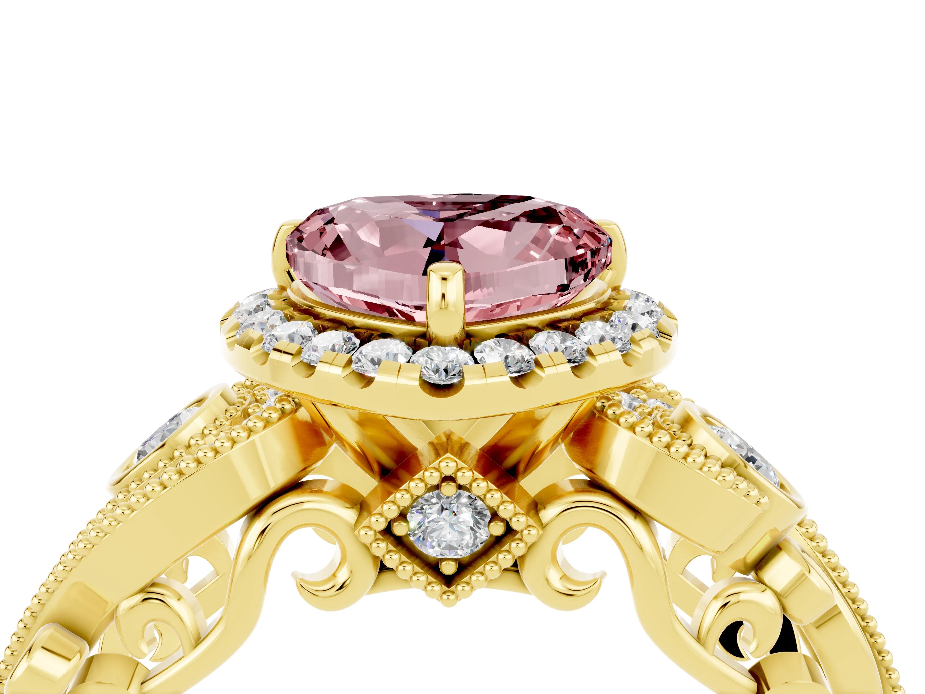 Yellow gold Heart Cut Morganite Halo Ring with Milgrain Pavé Band and Four-Prong Setting_16