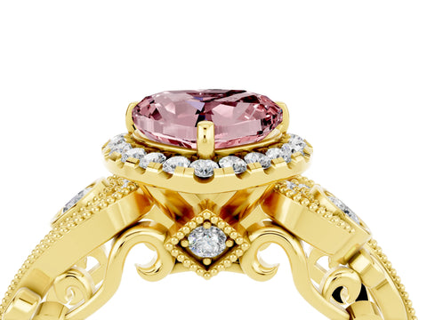 Yellow gold Heart Cut Morganite Halo Ring with Milgrain Pavé Band and Four-Prong Setting_16