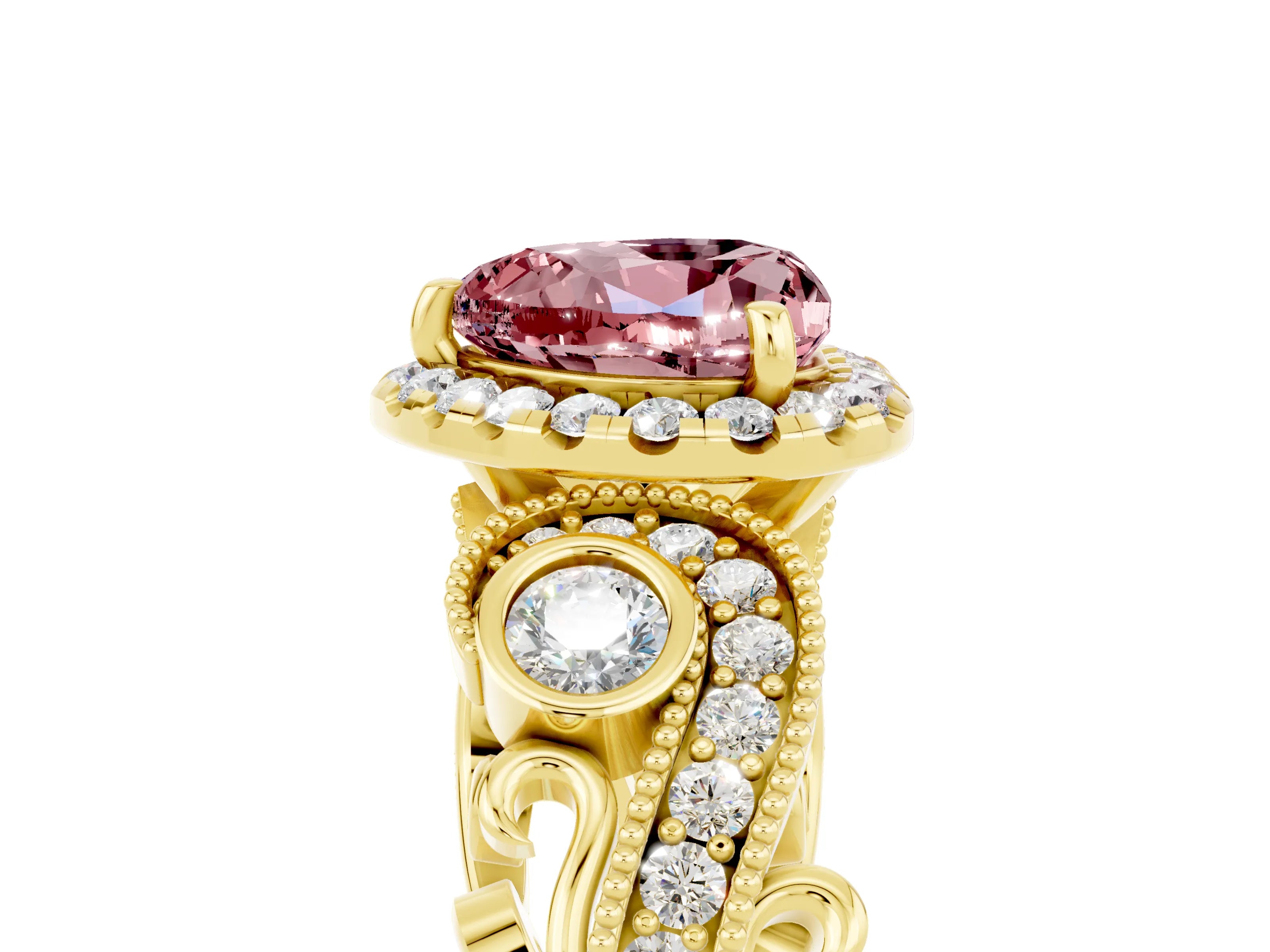 Yellow gold Heart Cut Morganite Halo Ring with Milgrain Pavé Band and Four-Prong Setting_17