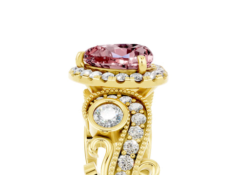 Yellow gold Heart Cut Morganite Halo Ring with Milgrain Pavé Band and Four-Prong Setting_17