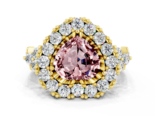 Yellow gold Heart Cut Morganite Halo Ring with Pavé Band and Four-Prong Setting