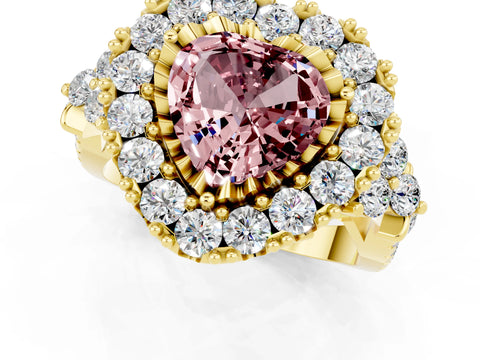 Yellow gold Heart Cut Morganite Halo Ring with Pavé Band and Four-Prong Setting_13