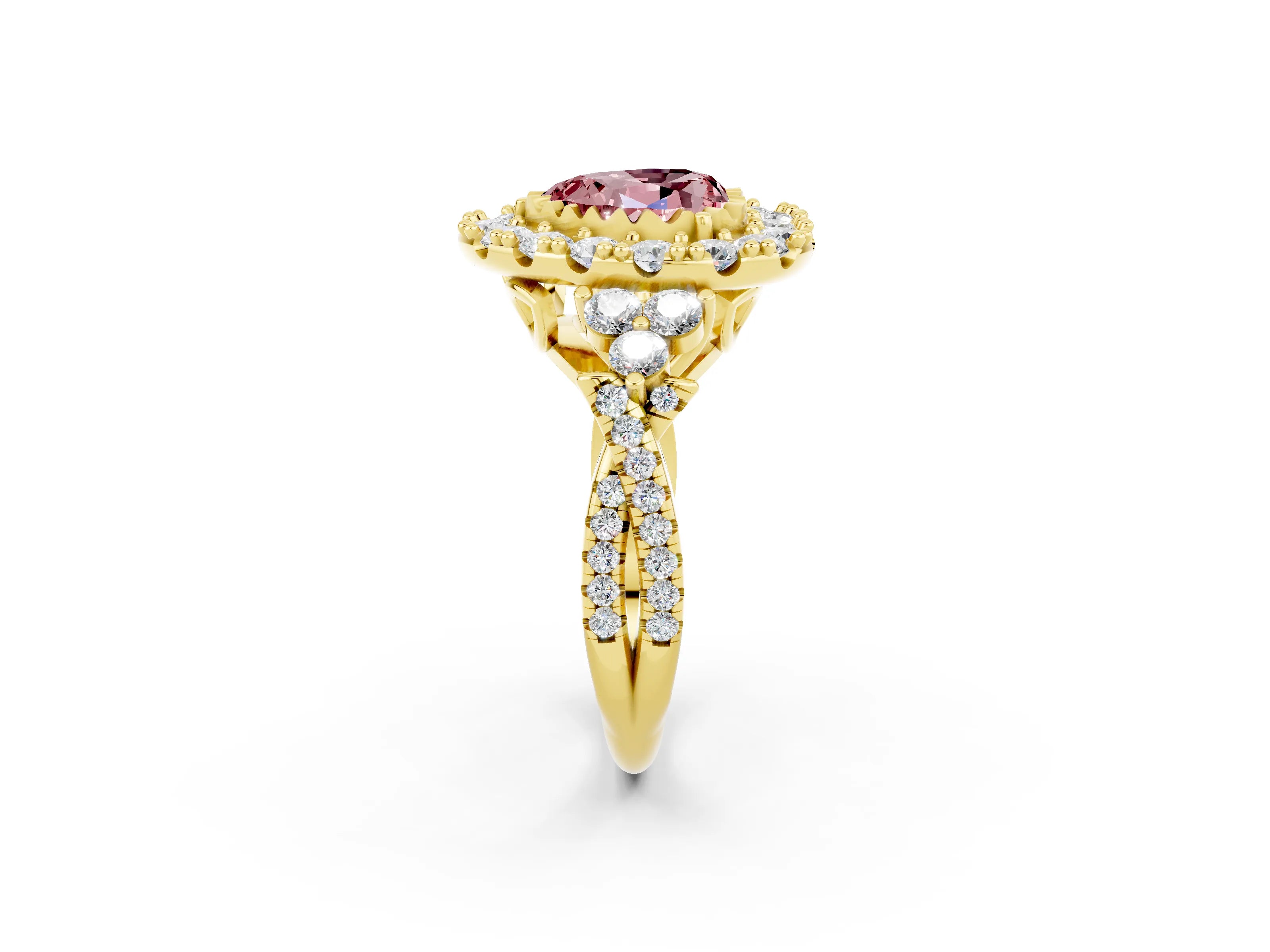 Yellow gold Heart Cut Morganite Halo Ring with Pavé Band and Four-Prong Setting_14
