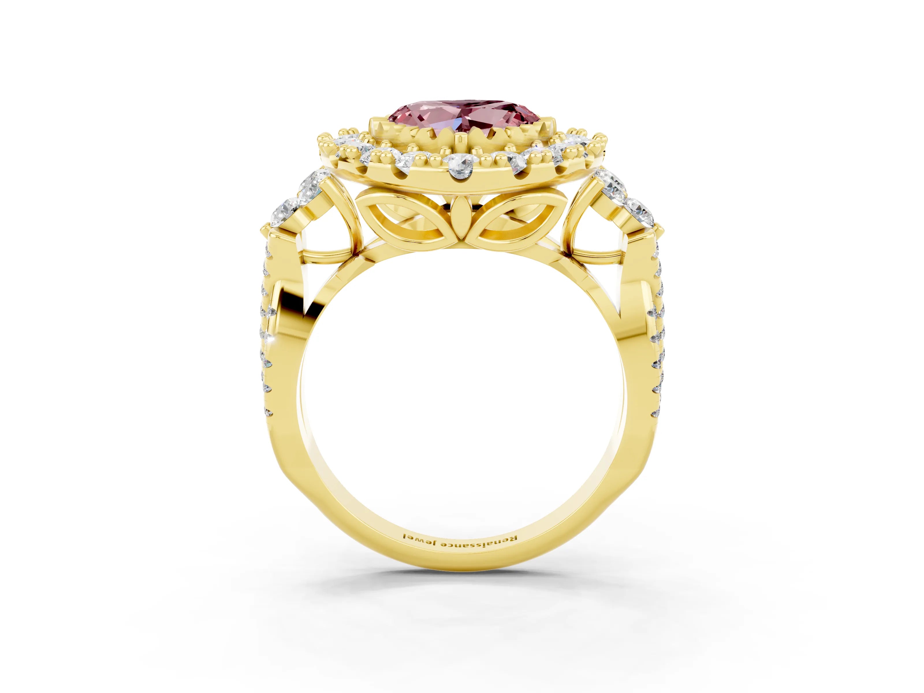 Yellow gold Heart Cut Morganite Halo Ring with Pavé Band and Four-Prong Setting_15