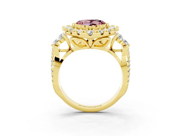 Yellow gold Heart Cut Morganite Halo Ring with Pavé Band and Four-Prong Setting
