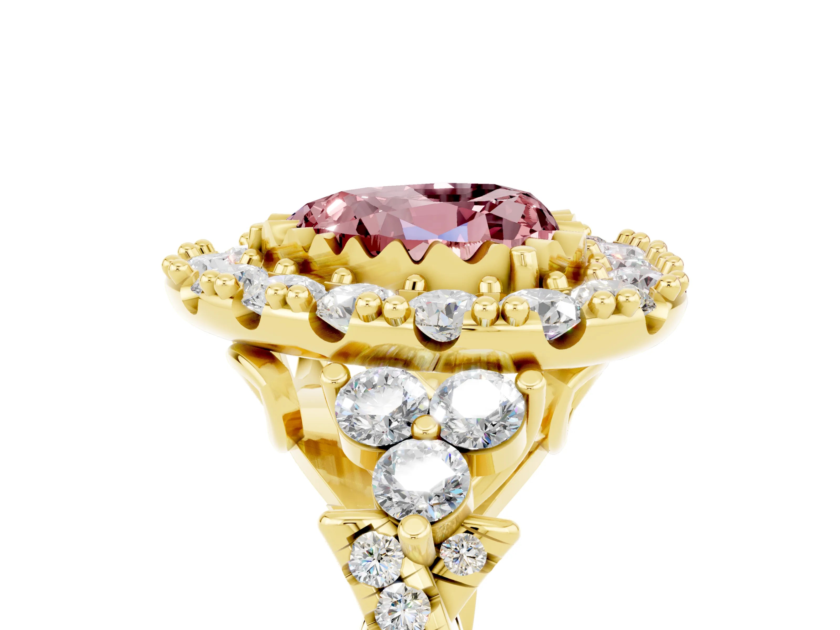 Yellow gold Heart Cut Morganite Halo Ring with Pavé Band and Four-Prong Setting_17