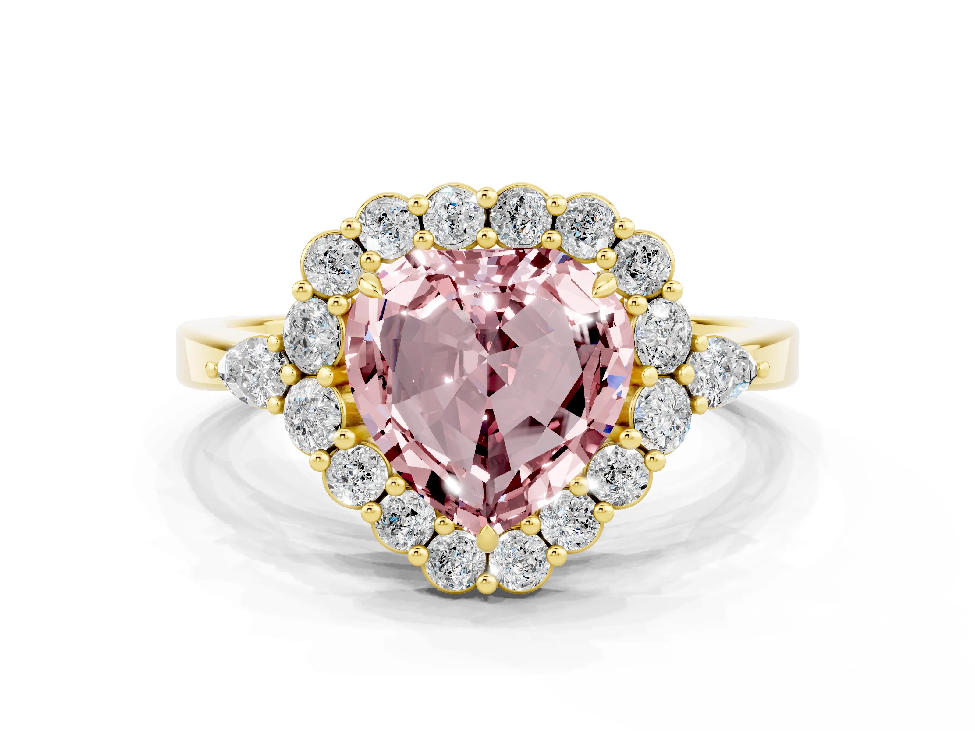 Yellow gold Heart Cut Morganite Halo Ring with Pear Side Stones and Prong Setting_12