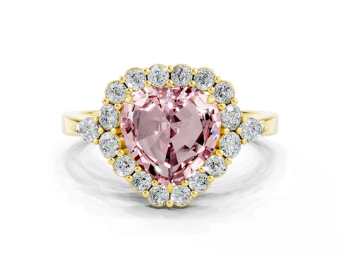 Yellow gold Heart Cut Morganite Halo Ring with Pear Side Stones and Prong Setting_12