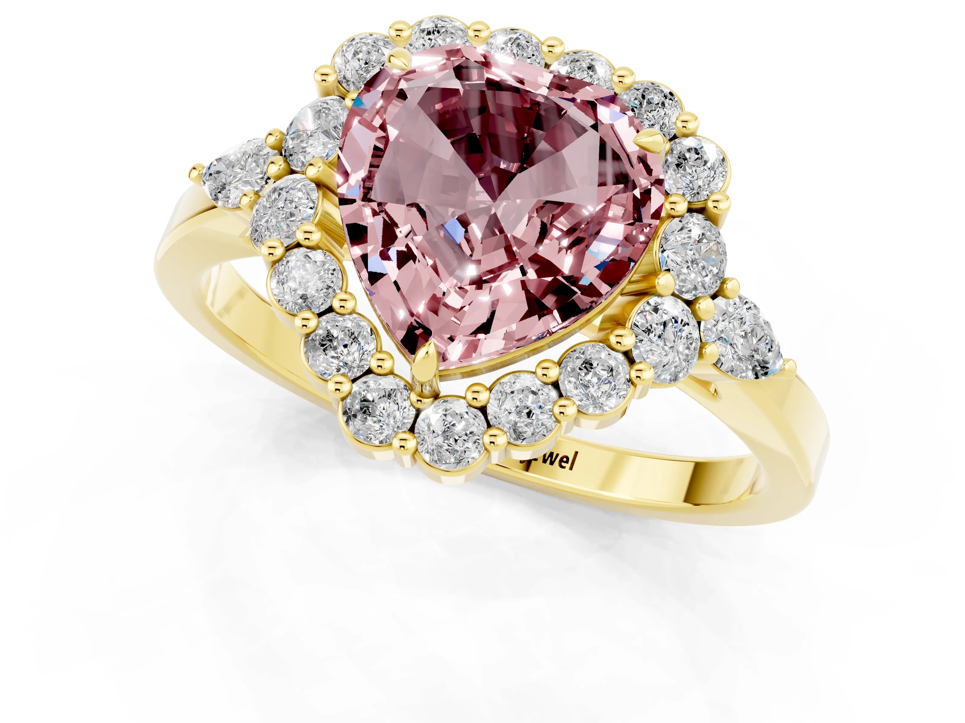 Yellow gold Heart Cut Morganite Halo Ring with Pear Side Stones and Prong Setting_13