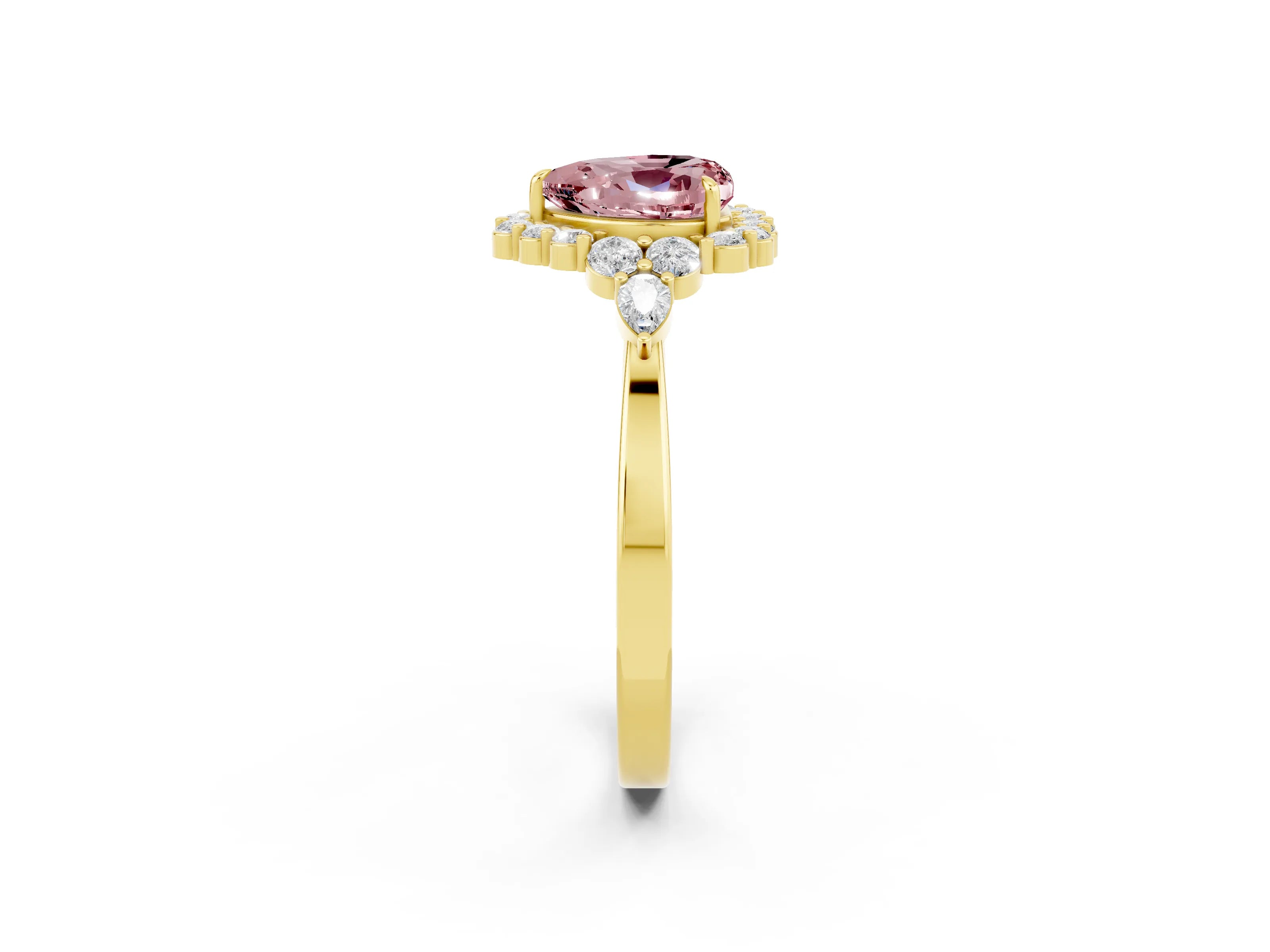 Yellow gold Heart Cut Morganite Halo Ring with Pear Side Stones and Prong Setting_14