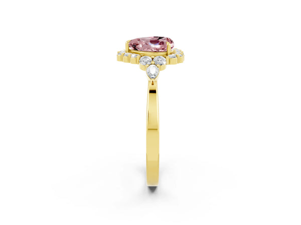 Yellow gold Heart Cut Morganite Halo Ring with Pear Side Stones and Prong Setting