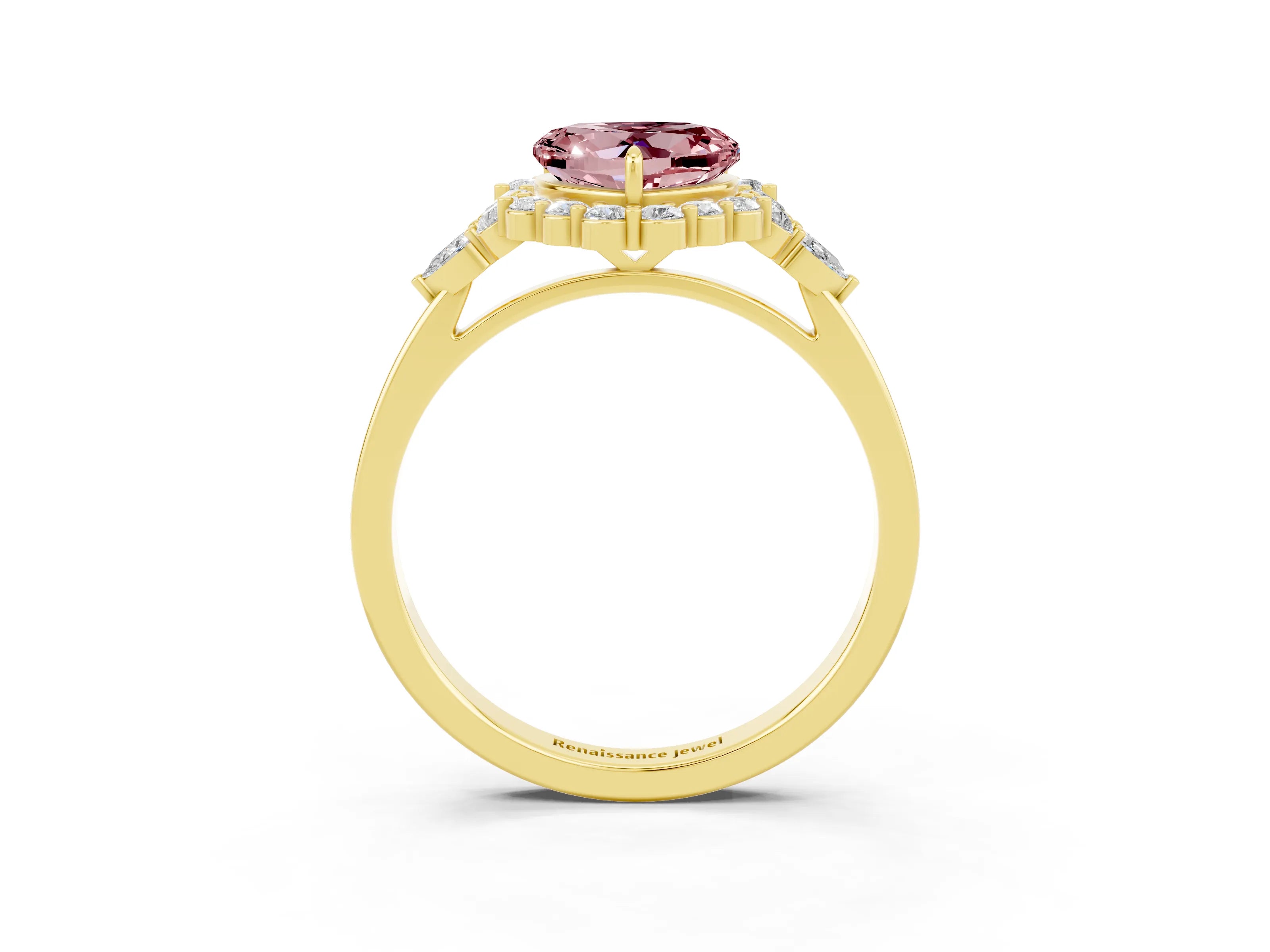 Yellow gold Heart Cut Morganite Halo Ring with Pear Side Stones and Prong Setting_15