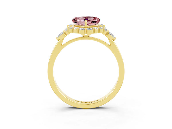 Yellow gold Heart Cut Morganite Halo Ring with Pear Side Stones and Prong Setting