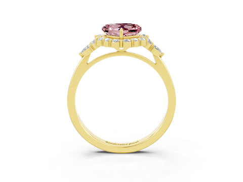 Yellow gold Heart Cut Morganite Halo Ring with Pear Side Stones and Prong Setting_15